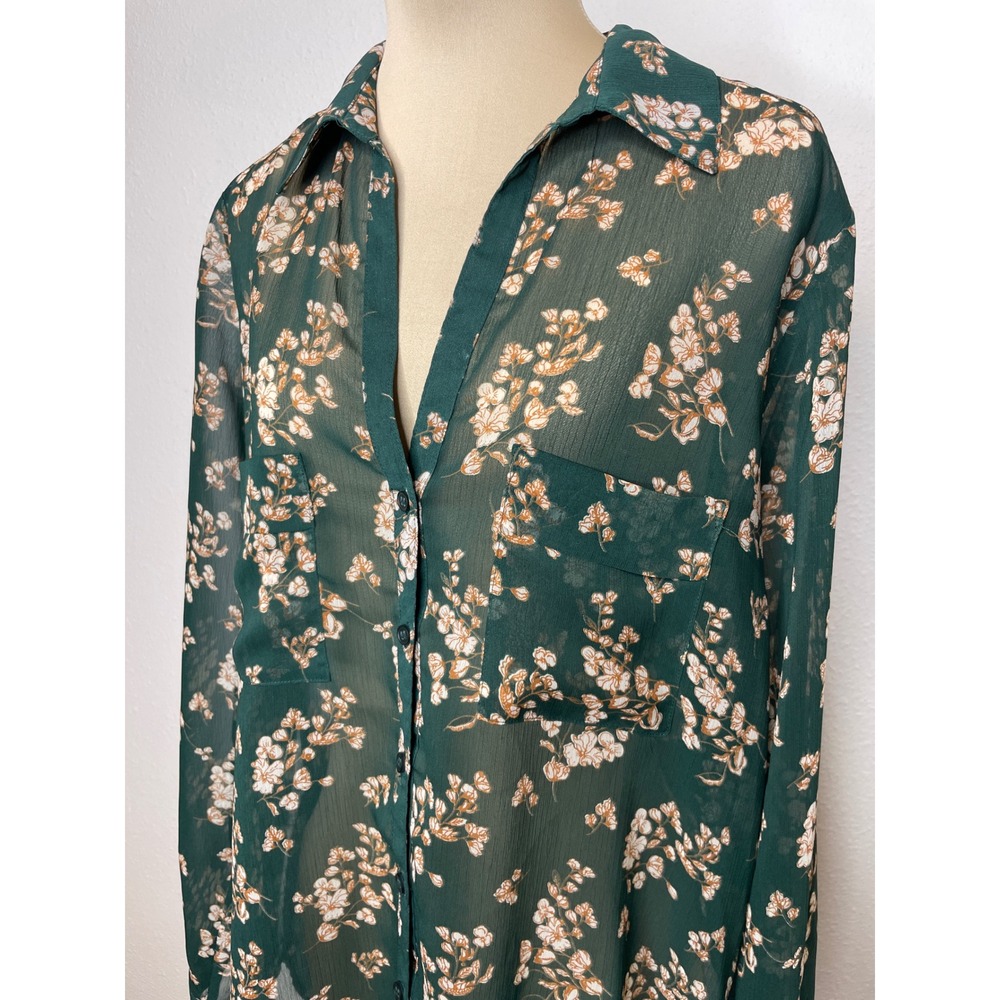Pleione Womens Blouse Floral Sheer Button Up Workwear Old Money Size M Green